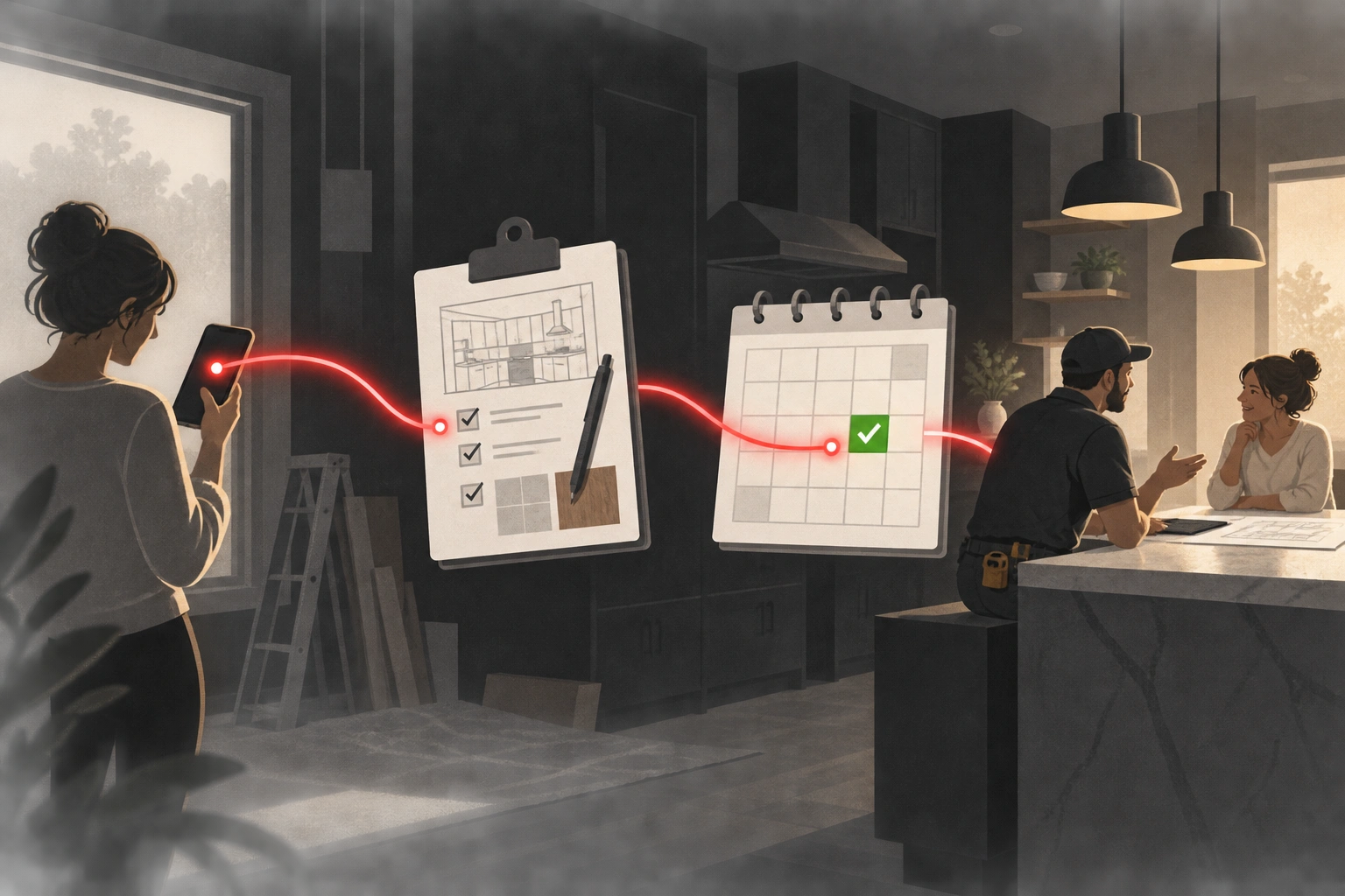 Animated sequence from a home-service inquiry to a booked estimate